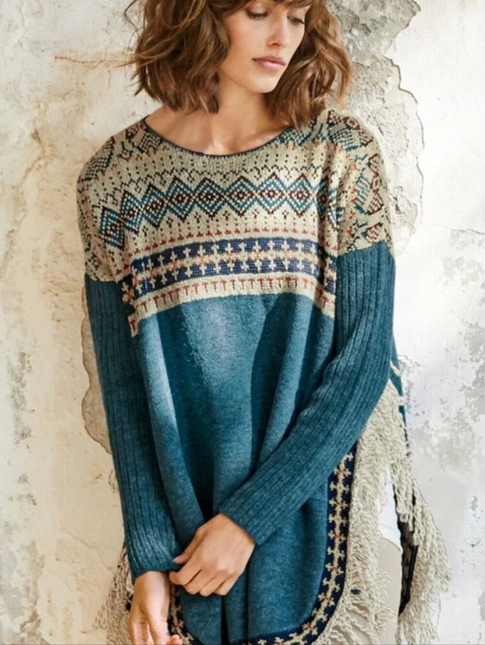 Peruvian Connection Afgan Cozy Teal Fair Isle Knit Pullover Poncho Sweater Large